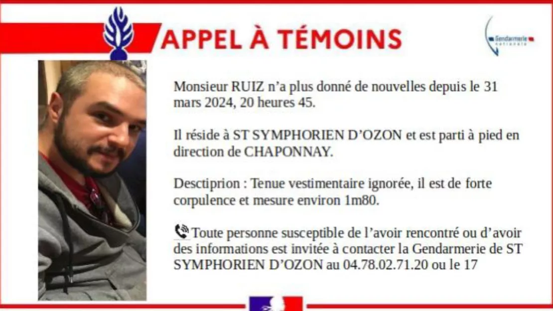 Près de Lyon : la gendarmerie lance un appel à témoins pour retrouver un homme