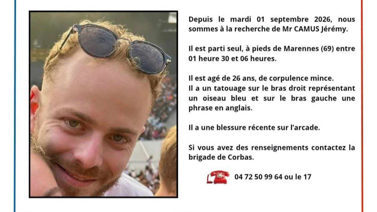 Rhône : un appel à témoins lancé après la disparition d’un jeune homme de 26 ans Rhône : un appel à témoins lancé après la disparition d’un jeune homme de 26 ans